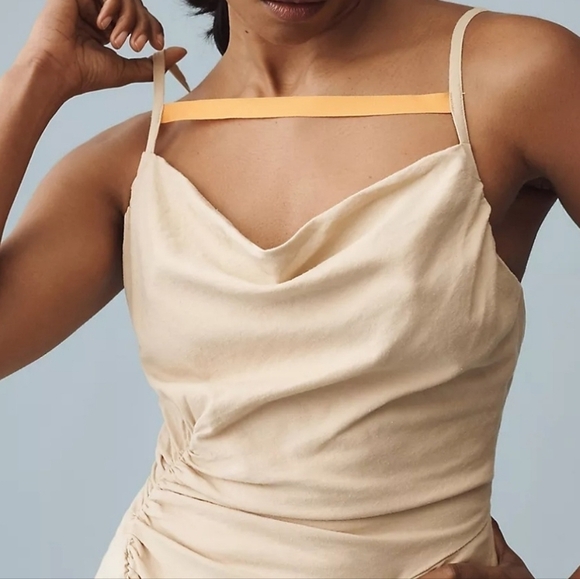 Anthropologie Ruched Slim Midi Dress with Tie Back in Khaki and Orange NWT - Picture 4 of 16